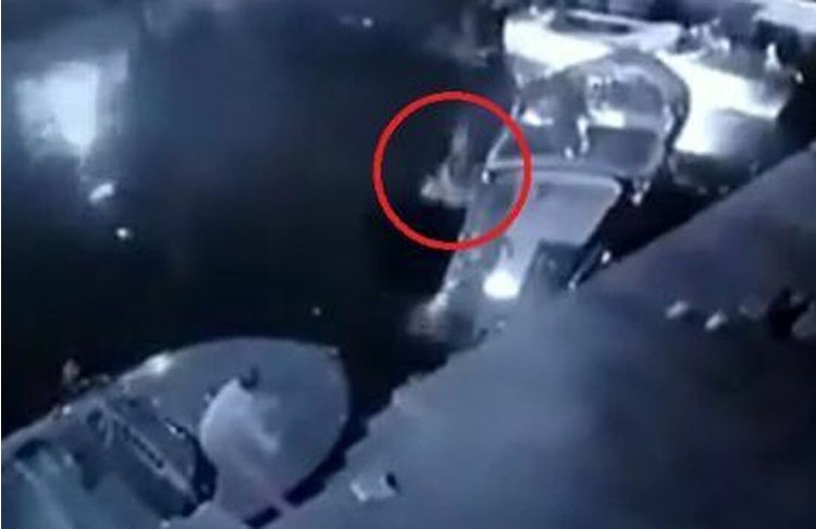 Ein Videobild einer Überwachungskamera am Hafen, in dem einer der Männer taumelnd ins Wasser fällt