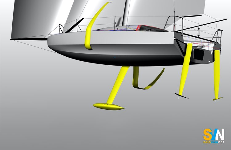 Rendering del nuovo Mini 6.50 Proto disegnato da Sam Manuard per la campagna Mini Transat 2027, con configurazione foiling e appendici pensate per ridurre la resistenza e aumentare la stabilità alle alte velocità