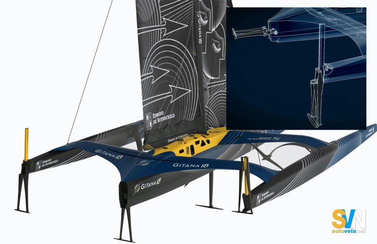 I timoni laterali di Gitana 18 sono montati sugli scafi esterni e possono essere sollevati su binario: una soluzione pensata per adattare l’assetto alle diverse fasi di navigazione e ridurre i rischi in caso di urti