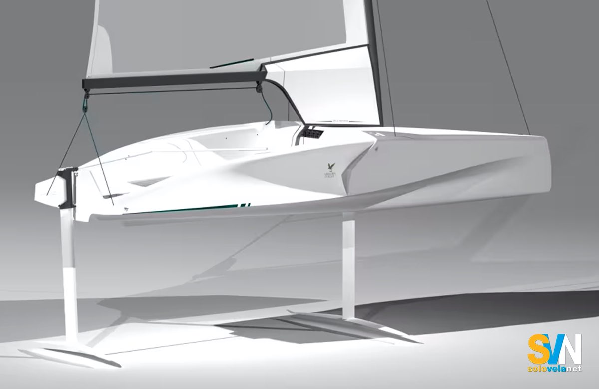 Il profilo dello scafo dell'Airborn Foil con i foil a T evidenzia la piattaforma compatta del dinghy e la geometria pensata per il volo stabile.