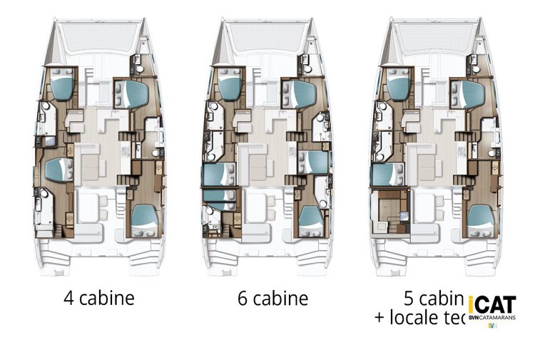 Tre dei lay-out del Leopard 52, quello più a destra è l aversione 5 cabine,, ma con una delle cinque che è un locale tecnico