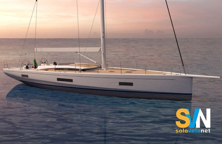 Vista laterale del Maxi Dolphin MD58ab: prua verticale, baglio arretrato e finestrature longitudinali evidenziano le linee disegnate da Alejandro Bottino per una barca a vela orientata alla crociera veloce