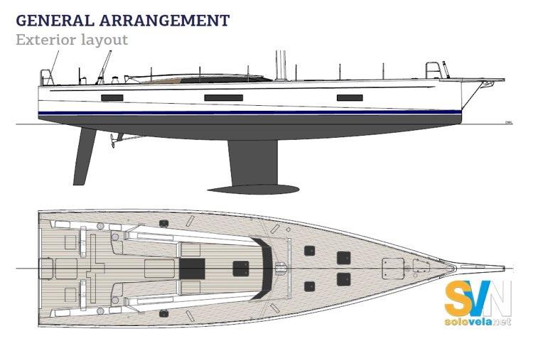 General arrangement del Maxi Dolphin MD58ab: il disegno mostra il layout esterno e la configurazione della chiglia con bulbo da 6,4 tonnellate
