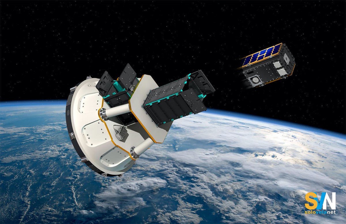 Rappresentazione del rilascio dei satelliti Celeste in orbita bassa: la missione serve a testare un nuovo livello della navigazione satellitare europea