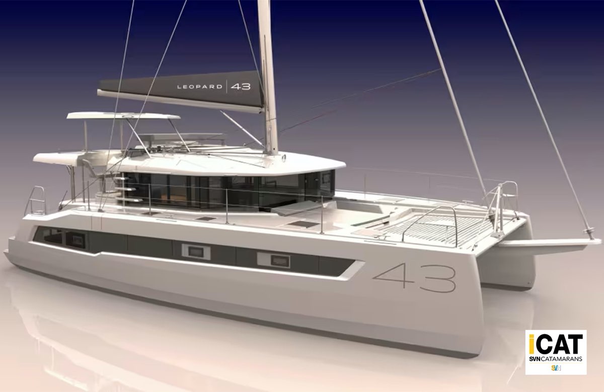 Il nuovo Leopard 43. La barca mantiene una vasta area retata a prua cosa che i catamarani della sua concorrenza stanno perdendo