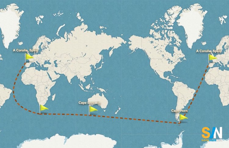 Percorso della Global Solo Challenge: giro del mondo in solitario con partenza e arrivo a La Coruña passando per Capo di Buona Speranza, Capo Leeuwin e Capo Horn
