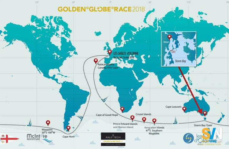 Mappa del percorso della Golden Globe Race con partenza da Les Sables d’Olonne e passaggio obbligato via i tre grandi capi dell’emisfero sud
