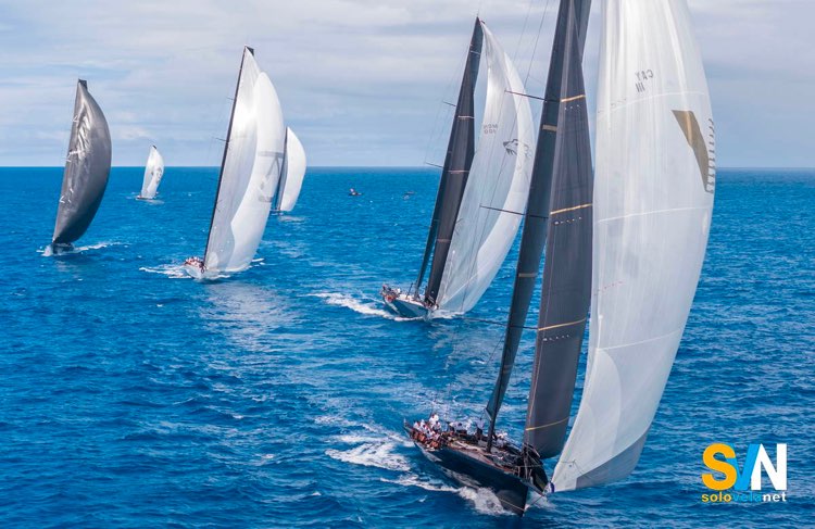 La flotta dei maxi yacht impegnata nelle acque delle Isole Vergini Britanniche durante una prova della North Sound Maxi Regatta 2026