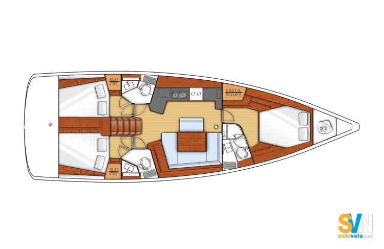 Pianta degli interni dell’Oceanis 45 con configurazione a tre cabine e due bagni
