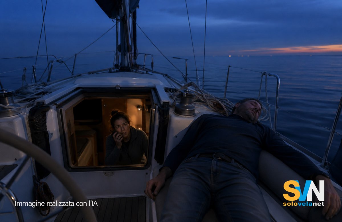 Un uomo che naviga con la famiglia ha un infarto, la moglie non sa portare la barca, ma il marito gli ha insegnato a usare il V.H.F. cosa che gli salverà la vita