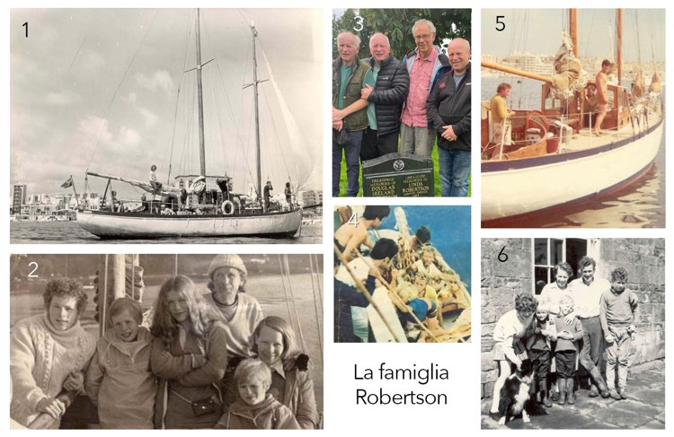 1: Il Lucette in navigazione; 2: i protagonisti di allora, ora cresciuti davanti alla tomba del padre e della madre; 3. La famiglia Roberston nel 1972; 4. il momento del salvataggio, dopo 38 giorni alla deriva; 5. un altra immagine del Lucette con la famiglia Robertson durante il loro lungo viaggio; 6 la famiglia nella loro casa
