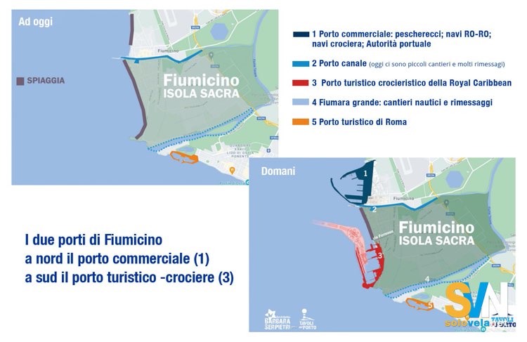 rappresentazione schematica della situaizone di Fiumicino a oggi e come sarà domani a lavori fatti. Il grafico è stato realizzato dall'associazione Tavolo del Porto
