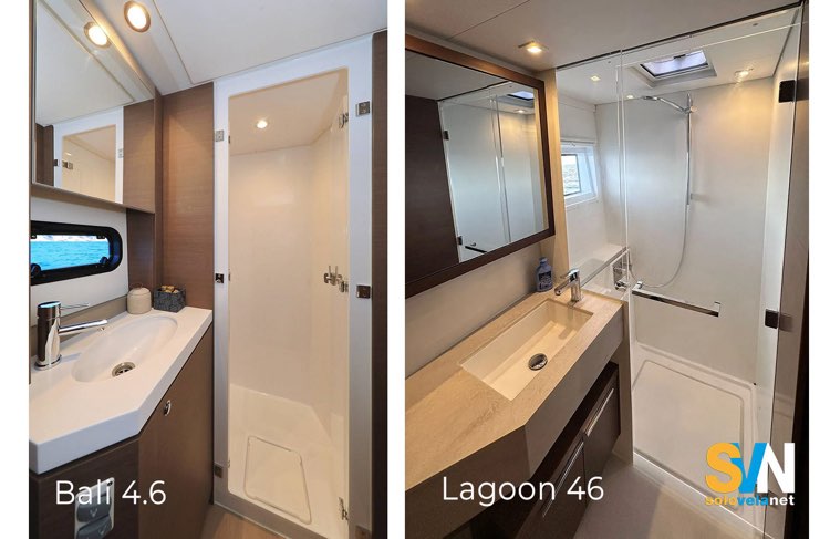Qui vediamo il box doccvia del Bali 4.6 decisament epiccolo e scomodo, di lato quello del Lagoon 46 decisament epiù comodo