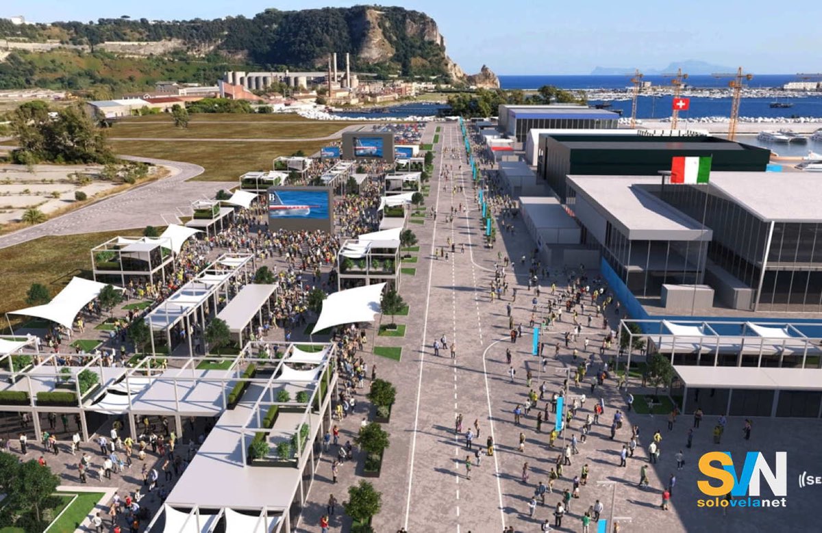 Come si dovrebbe presentare la zona della colmata a Bagnoli nel 2027. Queste strutture a fine Copap America dovrebbero scomparire per lasciare spazio ad aree pubbliche