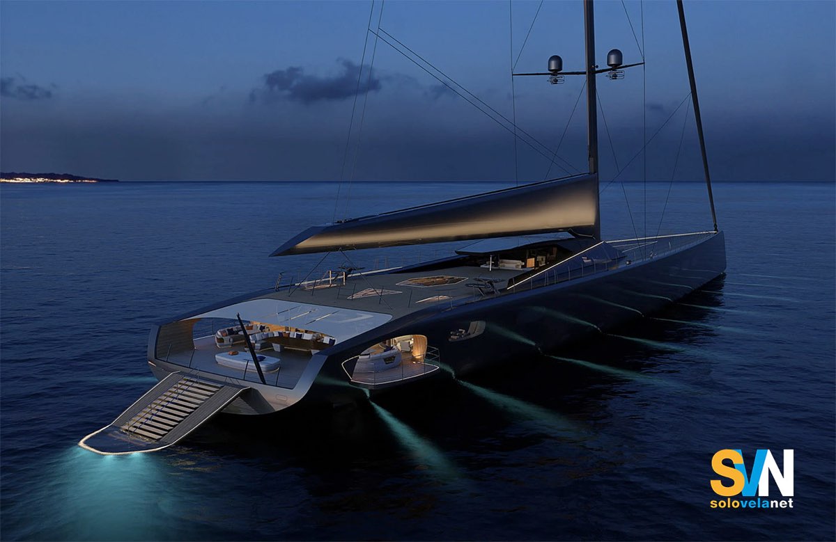 Un rendering del Project 410 visto da poppa. Con i suoi 85 metri e l’armo a un solo albero, sarà il più grande yacht a vela armato a sloop mai costruito