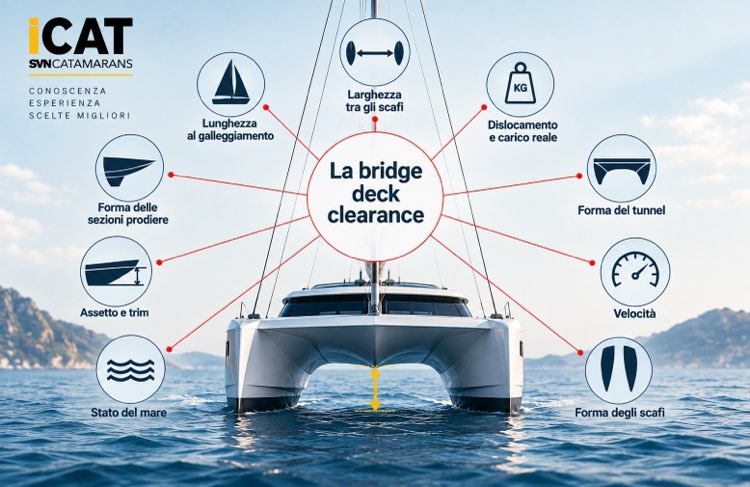 La bridge deck clearance non va valutata come una misura isolata. Il comportamento del catamarano dipende dall’interazione tra distanza degli scafi, lunghezza al galleggiamento, dislocamento e carico, forma del tunnel e degli scafi, sezioni prodiere, assetto, velocità e condizioni del mare. È l’insieme di questi elementi a determinare quanto e come le onde arriveranno a interessare la struttura centrale del catamarano