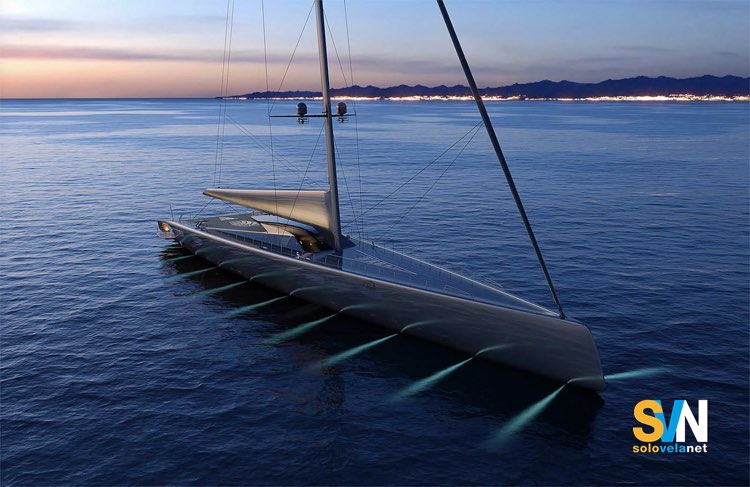Project 410 visto da prua in un rendering. Il progetto dello yacht, le linee esterne e l’architettura navale sono firmati da Frers Design