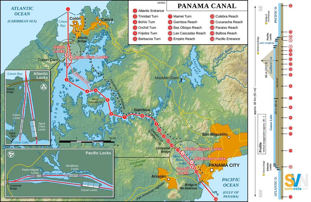 Mappa del Canale di Panama con percorso, chiuse e laghi principali tra Atlantico e Pacifico.