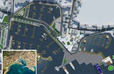 Il progetto del nuovo porto di Palau. In piccolo, la foto dell'attuale porto