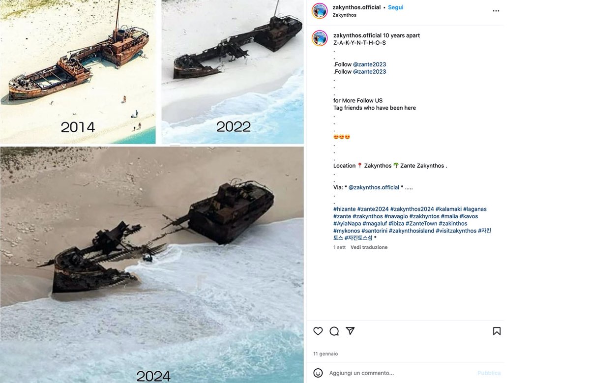 Il relitto negli ultimi 10 anni. Post condiviso sul profilo Instagram @zakynthos.official