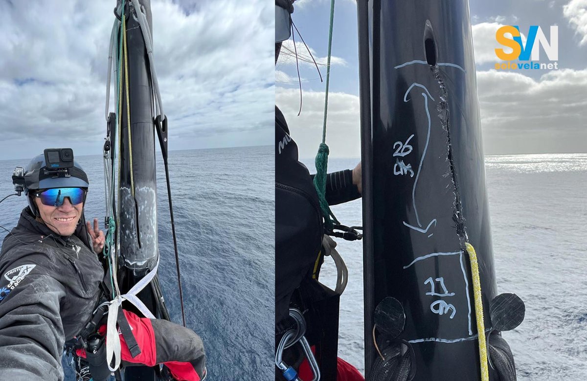 Team Malizia ripara albero in carbonio danneggiato in Oceano del Sud durante la The Ocean Race