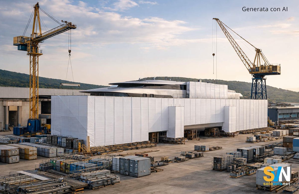 Un ricsotruzione di quello che potrebbe essere il sito di costruzione di Project Vela. il progetto di Superyacht più misterioso che c'è al momento