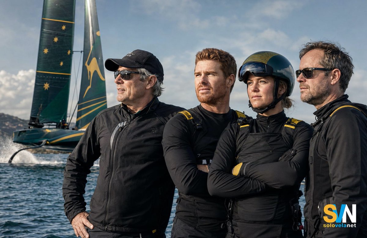 Rappresentazione editoriale del progetto Team Australia per l’America’s Cup 2027. Da sinistra: John Winning, finanziatore della campagna australiana, Tom Slingsby, Head of Sailing, Tash Bryant, velista del team, e Glenn Ashby, responsabile Performanc