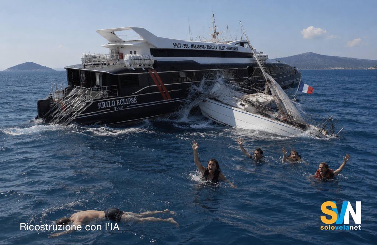 Riicostruzione dell'incidente chae ha visto un grande catamarano a motore per il trasporto di passeggeri entrare in collisione con una barca a vela francese: tre morti e un disperso