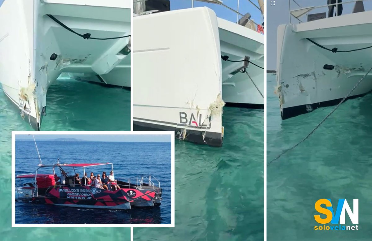 I danni avuti dal catamarano bali nella collisione tra questo, che era alla fonda, e il trimarano che si vede nel riquadro che lo ha colpito a velocità sostenuta