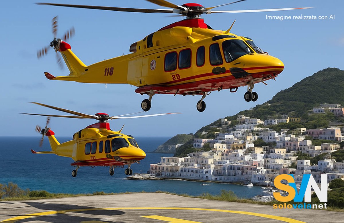 Due elicotteri del 118 decollano dalla piazzola di emergenza sull’isola di Ponza, diretti verso Roma e Latina per il trasporto urgente di un bambino e di un uomo rimasti gravemente feriti in una collisione in mare. Sullo sfondo, le case color pastell
