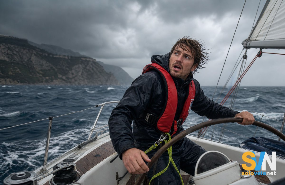 Un giovane velista affronta un improvviso peggioramento delle condizioni meteo. Immagine elaborata con l’intelligenza artificiale