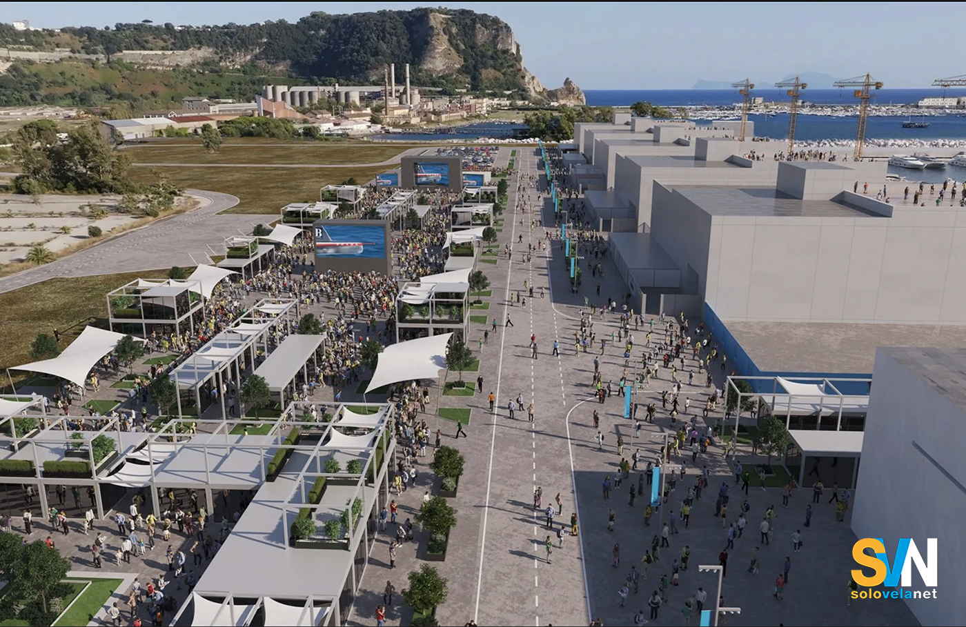 Il rendering della base di Coppa America che è in via di costruzione a Bagnoli