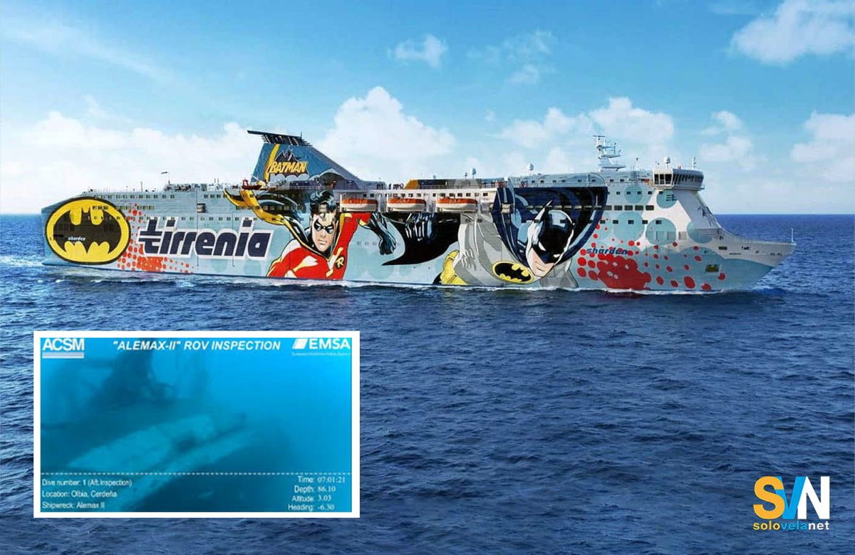 La nave Sharden in navigazione. Nel riquadro, il relitto dell'Alemax che giace a 90 metri di profondità