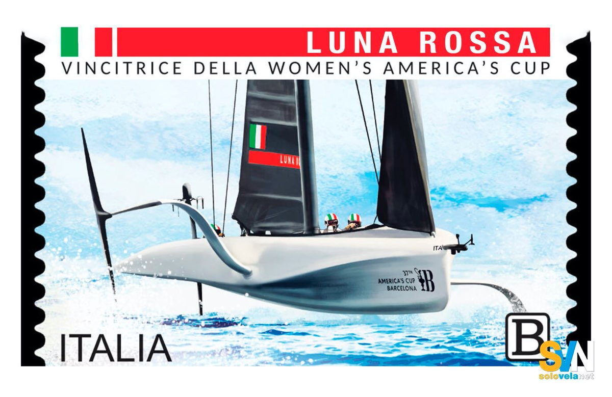 Uno dei due francobolli emessi in onore delle vittore conquistate dalla squadra nelle competizioni giovanili e femminili di Luna Rossa