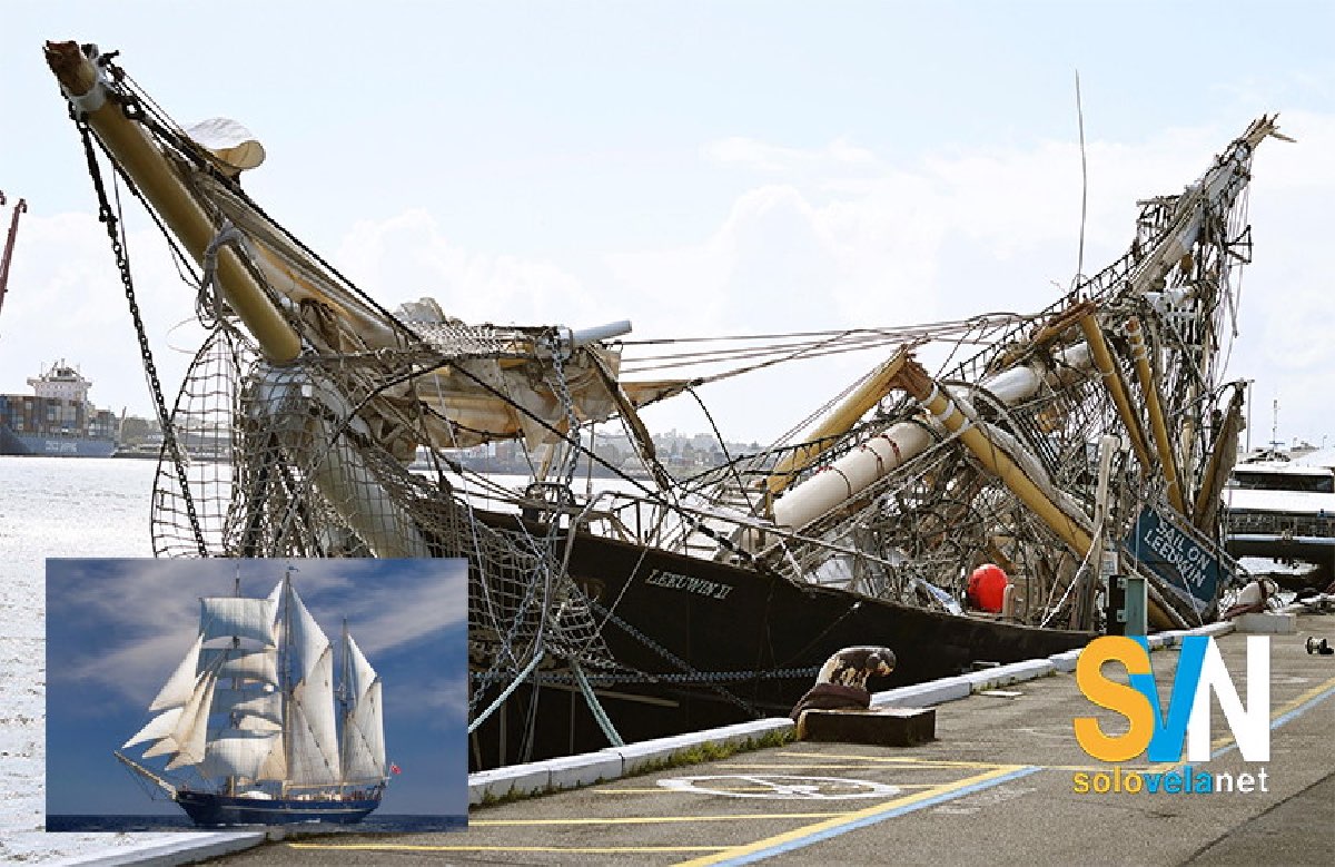 La  Leeuwin II dopo il passaggio del portacontainer. Nel riquadro, la nave durante una navigazione a vela